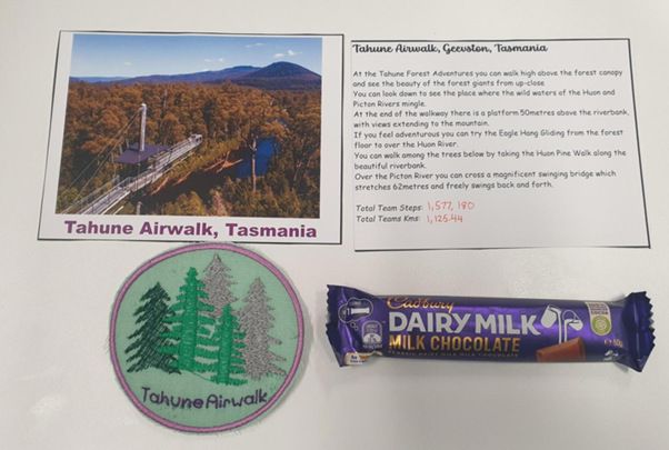 Our Creative Prize Winner, The Paper Trail, all received a home-made badge, chocolate, postcard and video of the week's destination.  They created a weekly podcast of music to use for that week's walking.  This is their final week's reward